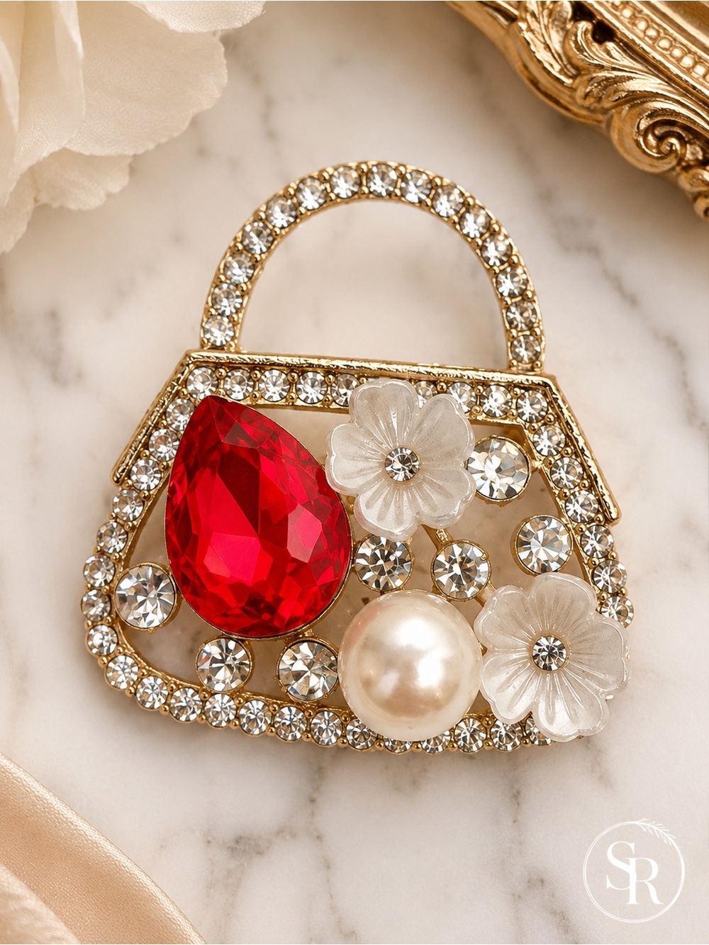 Handbag Purse Brooch Red Gemstone Pearl Floral Rhinestone Statement Pin